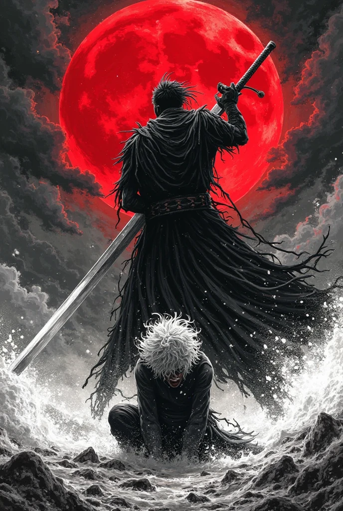 black and white manga style,The ultimate contrast between light and dark,Do not paint!The burly black swordsman Guts holds a huge dragon-shaped sword,Slashing down with overwhelming force,The sword blade cuts through the air and stirs up air waves。The opponent is kneeling on one knee,White curly hair fluttering in the violent airflow。The background is the sky dyed red by the blood moon,Dark clouds roll。The picture is full of violent aesthetics,The brushstrokes are rough and powerful,Similar to the style of the original Berserk。The composition is impactful,Emphasizing the atmosphere of power and despair。