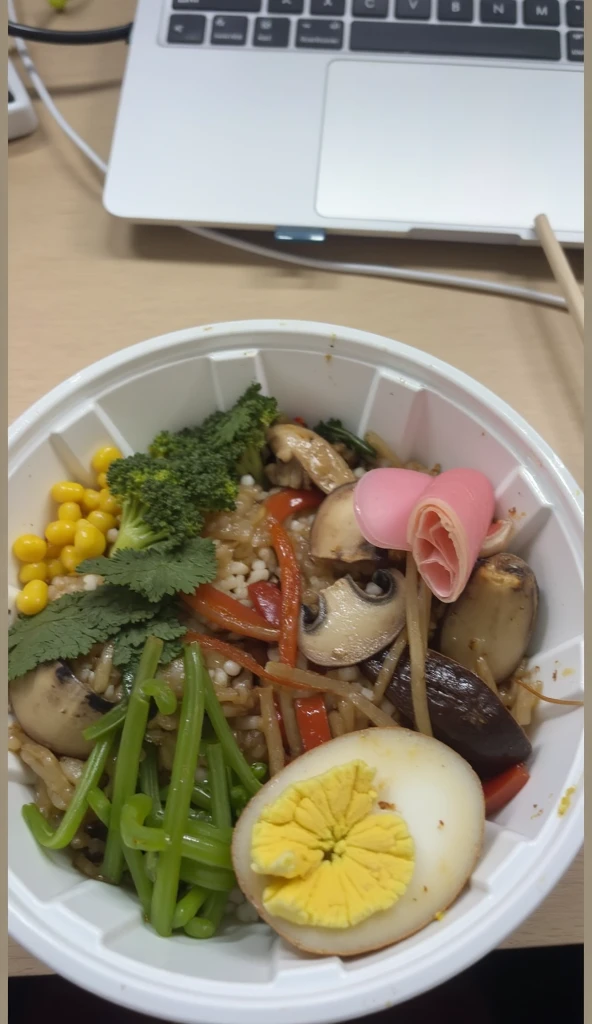 a white plastic bowl filled with a variety of colorful ingredients, could be a healthy meal or salad. the bowl is filled with steamed broccoli, bright yellow corn kernels, and the thinly sliced greens,such as seaweed or spinach. there are plenty of stir-fried vegetables, including red and orange peppers and onion strips. a few slices of mushroom are also clearly visible, adding a hearty touch to the dish. a perfectly halved hard-boiled egg takes up one side of the dish, , the egg yolk is a vibrant yellow. the vegetables are adorned with a roll of pickled pink ginger, adds a splash of color and a hint of acidity. the whole dish is served over rice, the ingredients are barely visible underneath. In the background, part of the laptop keyboard is clearly visible, suggesting a work or study atmosphere. the overall composition suggests a balanced, a nutritious meal, could be a quick and healthy lunch.