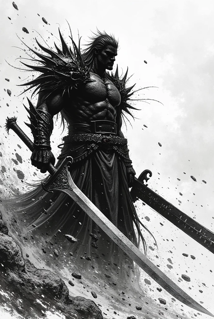 Black and white line drawing style,Do not paint!。The burly black swordsman Guts holds a huge dragon-shaped sword,Slash your enemies with overwhelming power,Dark clouds roll。The picture is full of violent aesthetics,The brushstrokes are rough and powerful,Similar to the style of the original Berserk。The composition is impactful,Emphasizing the atmosphere of power and despair。