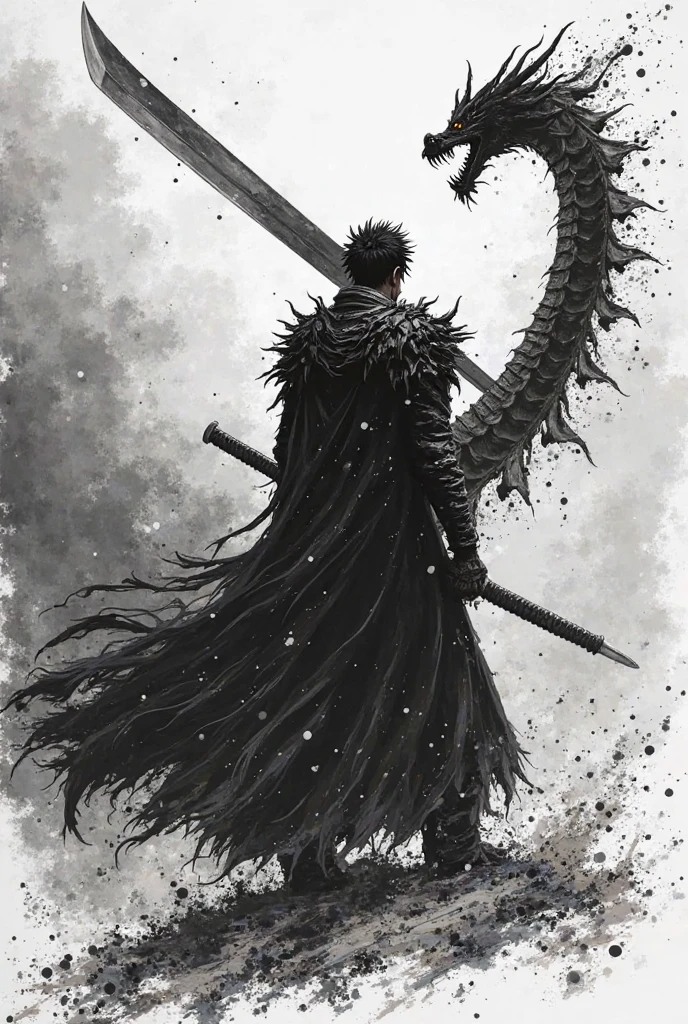 Black and white line drawing style,Do not paint!。The burly black swordsman Guts holds a huge dragon-shaped sword,Slash your enemies with overwhelming power,Dark clouds roll。The picture is full of violent aesthetics,The brushstrokes are rough and powerful,Similar to the style of the original Berserk。The composition is impactful,Emphasizing the atmosphere of power and despair。