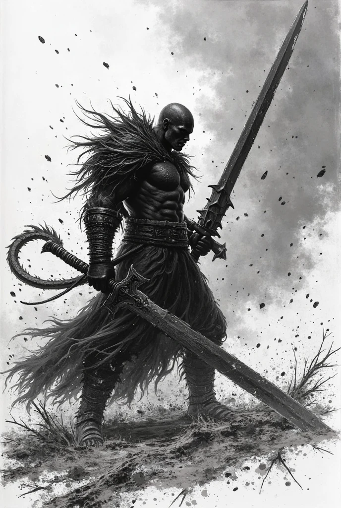 Black and white line drawing style,Do not paint!。The burly black swordsman Guts holds a huge dragon-shaped sword,Slash your enemies with overwhelming power,Dark clouds roll。The picture is full of violent aesthetics,The brushstrokes are rough and powerful,Similar to the style of the original Berserk。The composition is impactful,Emphasizing the atmosphere of power and despair。
