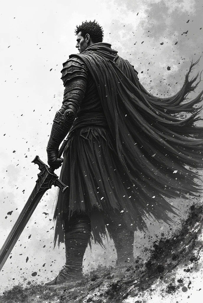 Black and white line drawing style,Do not paint!。The burly black swordsman Guts holds a huge dragon-shaped sword,Slash your enemies with overwhelming power,Dark clouds roll。The picture is full of violent aesthetics,The brushstrokes are rough and powerful,Similar to the style of the original Berserk。The composition is impactful,Emphasizing the atmosphere of power and despair。