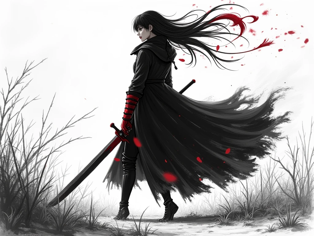 Black and white line drawing style,Do not paint! The comic Slayer Crimson Hitomi's Red Hitomi wears a black coat, leaning in front of her body in the middle of the night with a demon sword, and rushing all out to the enemy's dust. The scene is a deserted field painting style. The original style of the comic called Slash Crimson Hitomi