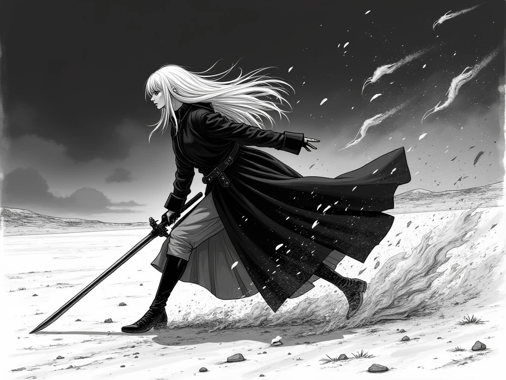 Black and white line drawing style,Do not paint! The comic Slayer Crimson Hitomi's Red Hitomi wears a black coat, leaning in front of her body in the middle of the night with a demon sword, and rushing all out to the enemy's dust. The scene is a deserted field painting style. The original style of the comic called Slash Crimson Hitomi