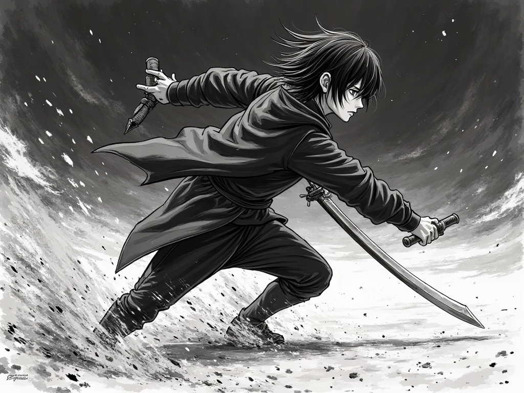 Black and white line drawing style,Do not paint! The comic Cut Crimson Hitomi has a black head, a black jacket, and has a firm expression, in the middle of the night, Murasame aims at the enemy with a demon sword, and runs all out to the enemy's dust. The scene is a deserted field painting style. The original picture style of the scene of Cut Crimson Hitomi manga is very dark overall, the character lines are very dark in order to simplify the style and not be complicated