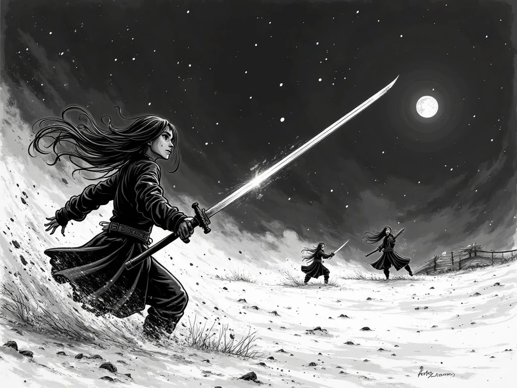 Black and white line drawing style,Do not paint! The comic Cut Crimson Hitomi has a black head, a black jacket, and has a firm expression, in the middle of the night, Murasame aims at the enemy with a demon sword, and runs all out to the enemy's dust. The scene is a deserted field painting style. The original picture style of the scene of Cut Crimson Hitomi manga is very dark overall, the character lines are very dark in order to simplify the style and not be complicated