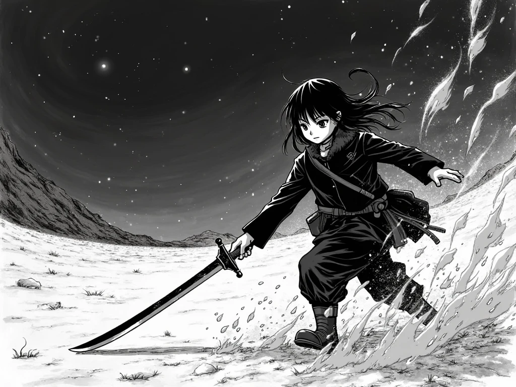 Black and white line drawing style,Do not paint! The comic Cut Crimson Hitomi has a black head, a black jacket, and has a firm expression, in the middle of the night, Murasame aims at the enemy with a demon sword, and runs all out to the enemy's dust. The scene is a deserted field painting style. The original picture style of the scene of Cut Crimson Hitomi manga is very dark overall, the character lines are very dark in order to simplify the style and not be complicated
