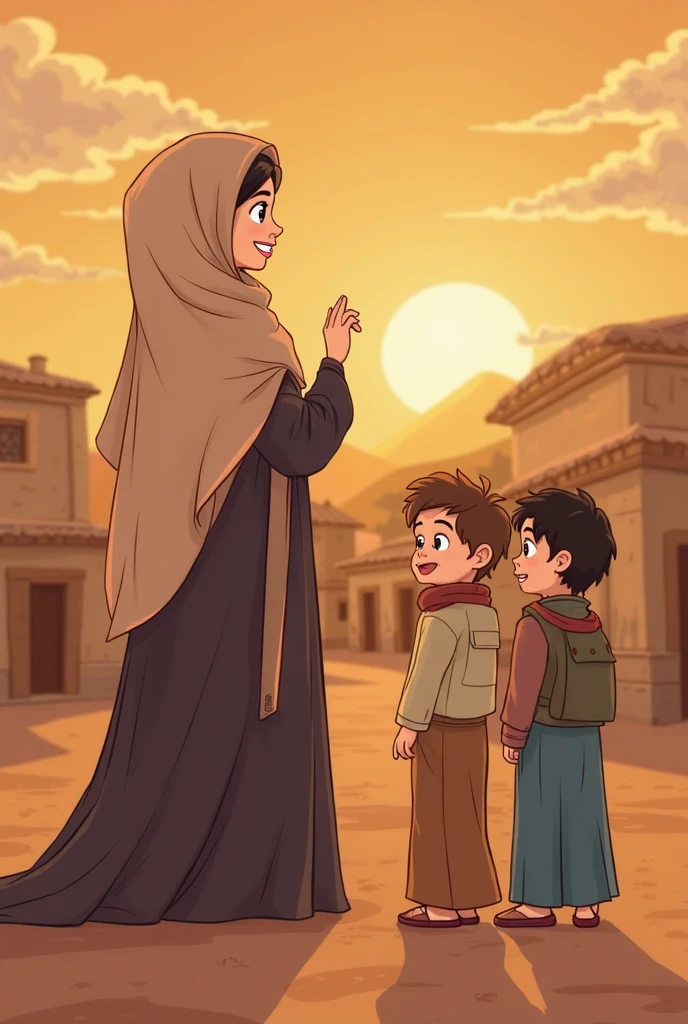 Create an image in which a girl in hijab and abaya in front of boys in a street and boys are staring at her with badly and plz don't blur the father of boys in ratio of YouTube short 