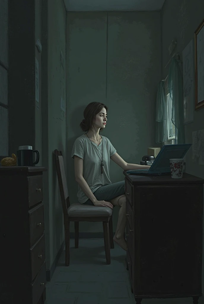 woman, with an expressive face, a look of insomnia, a person all crooked in a chair, with no posture, inadequate posture in the chair when using the computer, drinking too much Starbucks coffee, messy office, poorly lit environment, only light from a table lamp