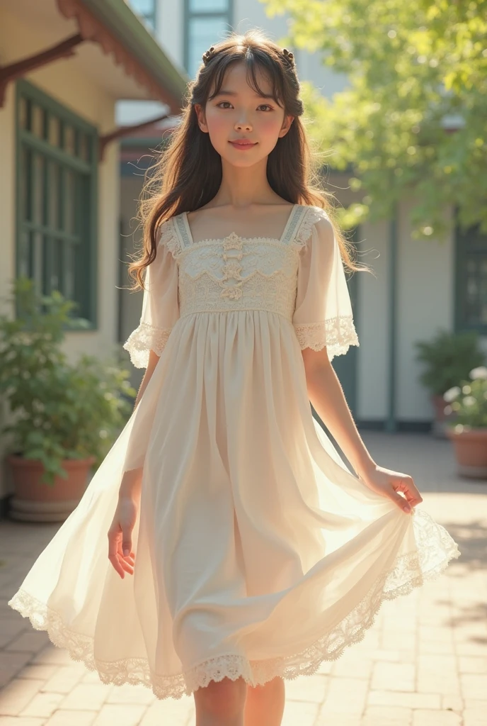 create an image of a 10-year-old girl in a white dress who is a soul in pain, spirit, ghost, horror, gloomy, hollow-eyed, fear, terror, walking the streets of Guanajuato, Mexico.
