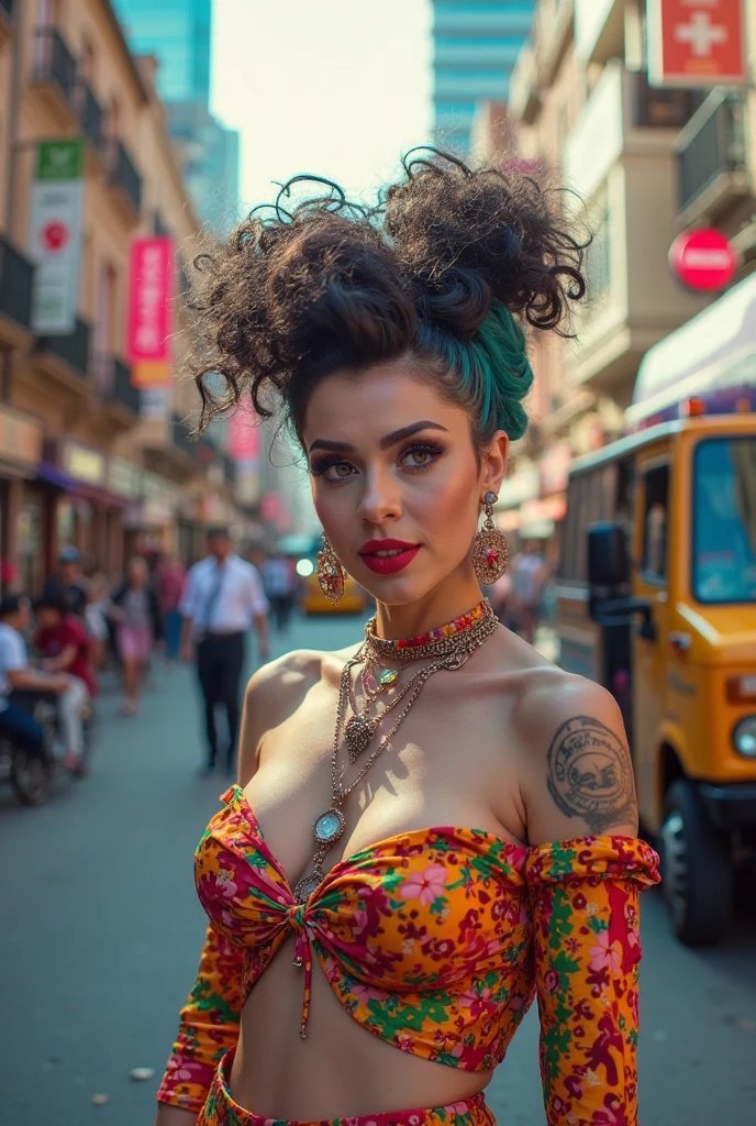 [nudity, explicit] NSFW Beautiful nude woman with massive breasts. The breasts are not covered by anything. Red full lips and smiling. Face is very beautiful and with correct eyes, nose, lips. Massive curly very long mix of neon red hair and neon green hair and neon blue hair. Neon purple Lingerie is translucent and transparent. in background tight light brick street in very old town from XII century.