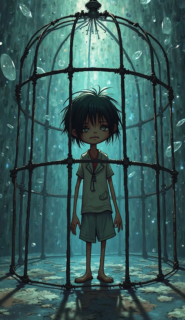 A six-year-old boy stands in a rusty cage，Shota，bareness，teardrop，Poor Baba，Ragged clothes，unkempt，wounded。A high resolution，best qualtiy，tmasterpiece，shadowy，unreal-engine，abused