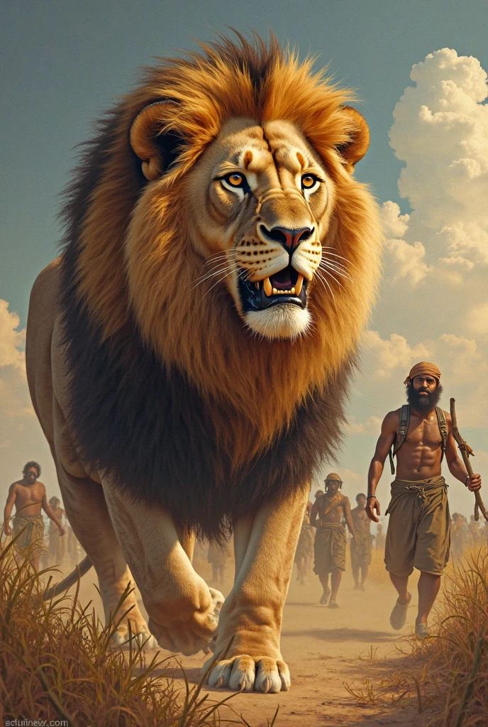 A lion with people behind it