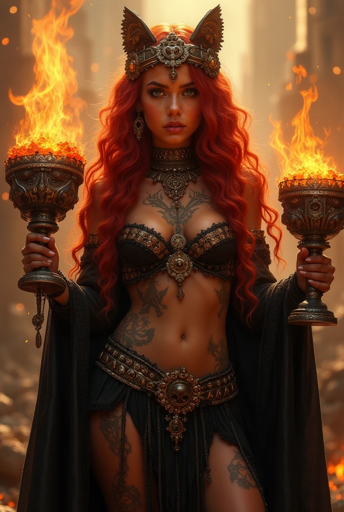 Fantasy Female sorceress wearing a robe, fiery red hair, latina, ((dark skin)),