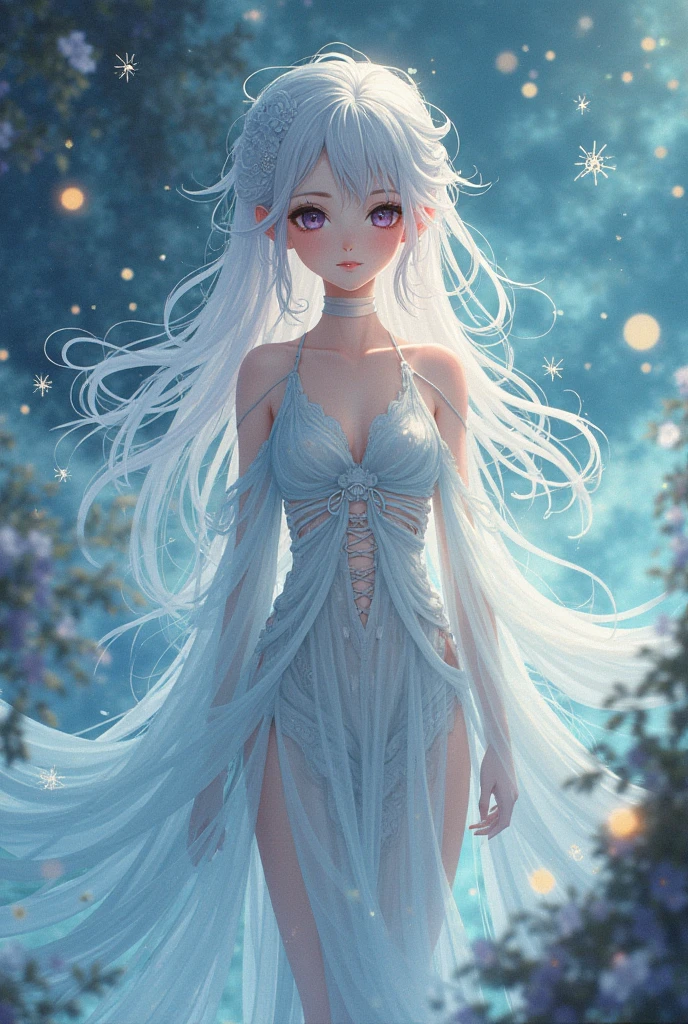 best quality, high-res, ultra-detailed), beautiful woman, detailed face, detailed eyes, long sparkling dress, night background with light and flowers, neon colors, portraits, soft and warm color tones, ambient lighting, full body, flowers, fligh