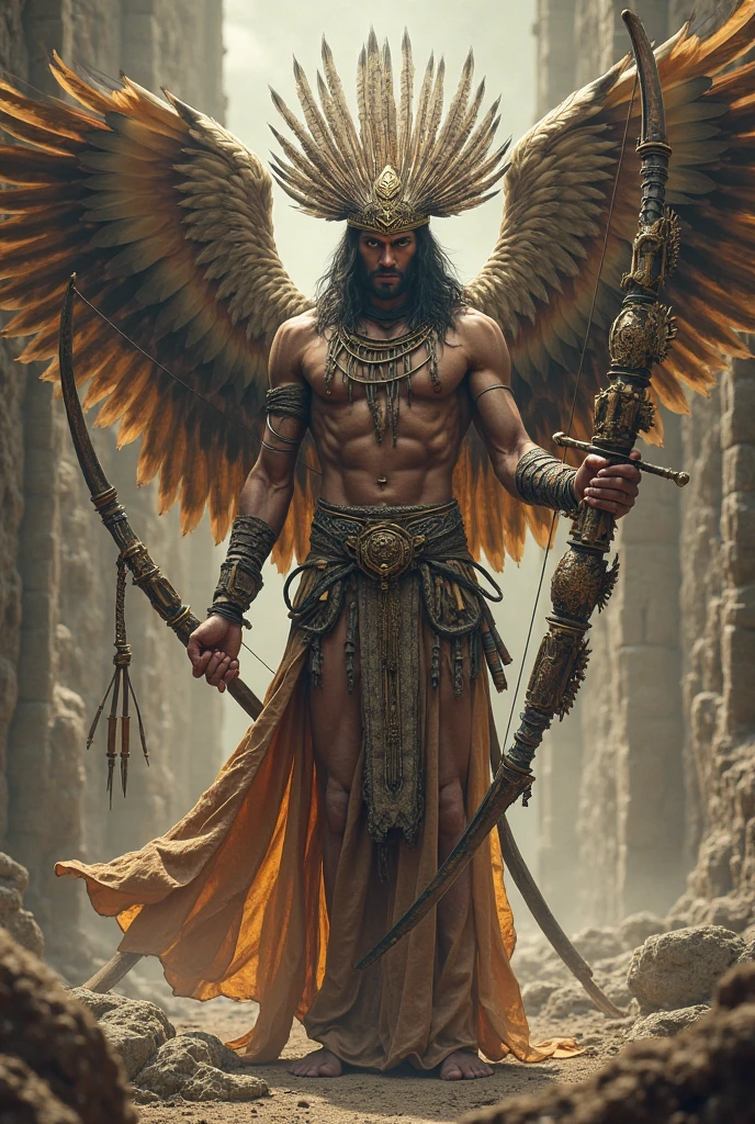 Image of a human body and a large eagle's head and large brown wings with a tunic on and a scepter in his hand