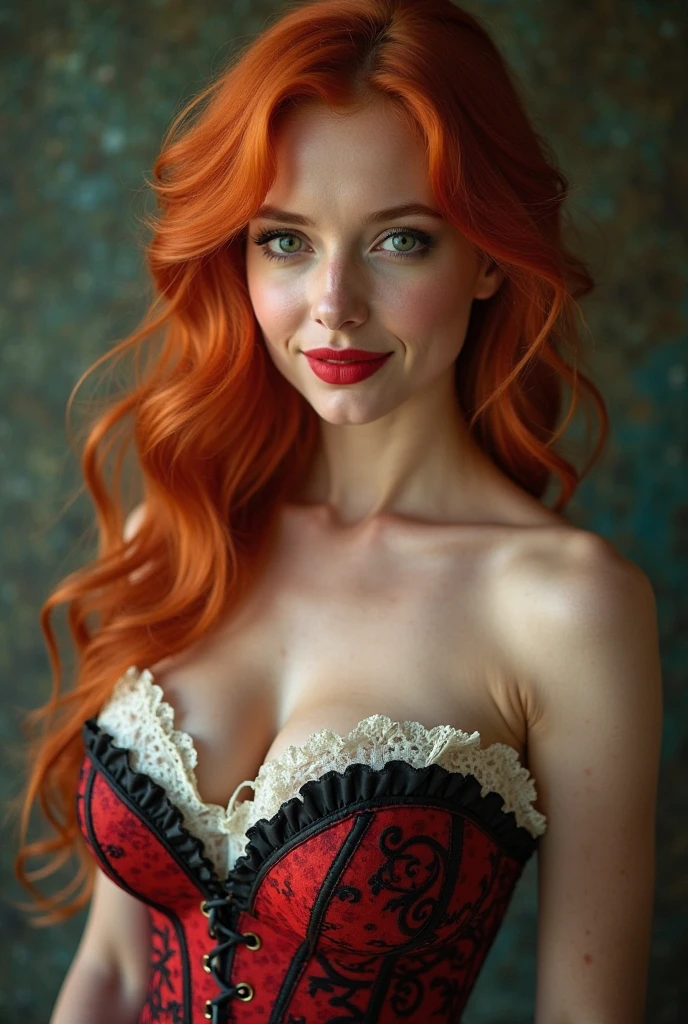 FACE SHOT OF BEAUTIFUL BOMBSHELL RED HAIR WOMAN, LONG RED HAIR, VERY PALE SKIN, YELLOW EYES, EXPRESSIVE YELLOW EYES, LOVELY FACE EXPRESSION, CLOSED MOUTH SMILE, HIDEN TOOTH, GORGEOUS LIPS, ROSY CHEEKS, HIGH CHEEKBONES, MENTAL FORAMEN, VOLUMOUS BREASTS, STRAPLESS CLEAVAGE, VICTORIAN DRESS, ATHLETIC CURVY BODY, FRONTAL ANGLE SHOT, DARK BACKGROUND, DIFUSED LIGHTS, YELLOW BACK LIGHTS, MASTERPIECE