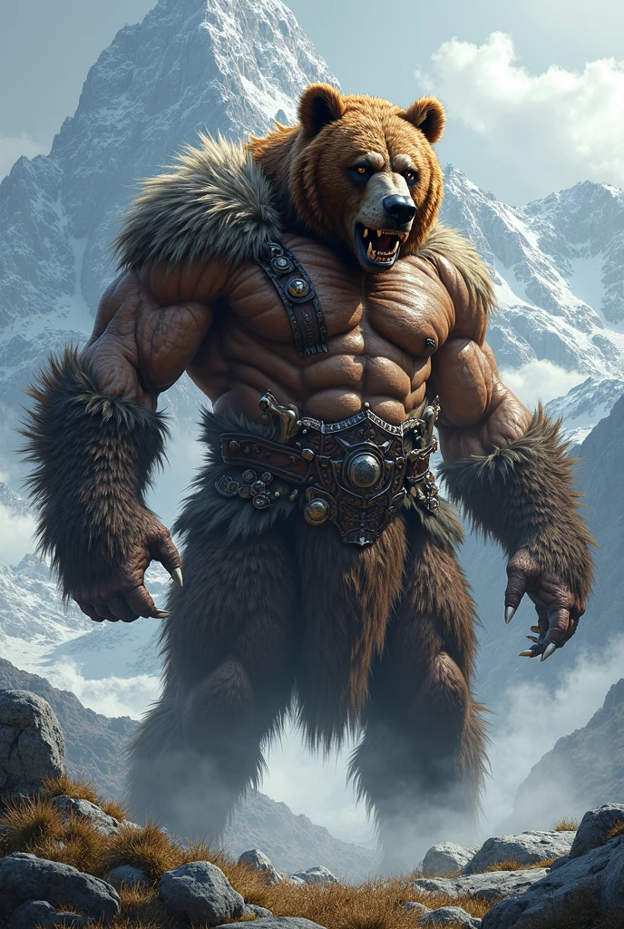 a close up of a bear with chains on his chest, muscular werewolf, fur-clad barbarian goliath, from warcraft, in style of wold of warcraft, giant bear human hybrid, 4k fantasy art, from world of warcraft, berserker potrait, as an ugly titan, epic fantasy art style, as a titan, epic fantasy art style hd, 8k fantasy art