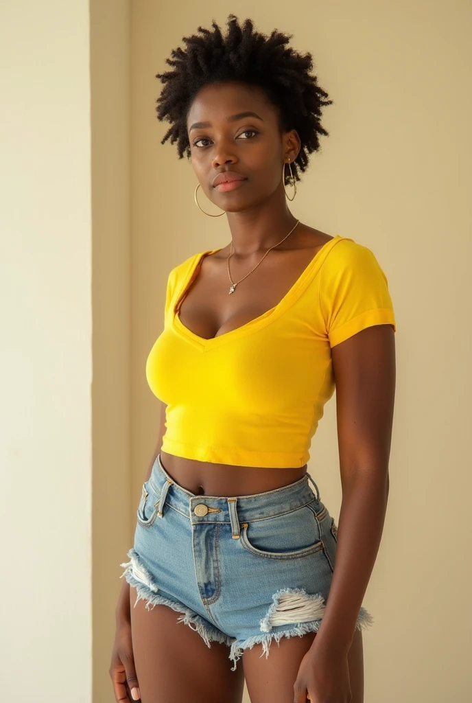 Dark-skinned lack woman, age in her 30's, 4c textured hair in a poof, medium build, size 24C cup breast, small waist, big butt, wearing a Lincoln University PA mid-drift shirt, with some jeans, almond shaped eyes, full lips, at a park, a park that has nice green trees and grass, middle of the day.