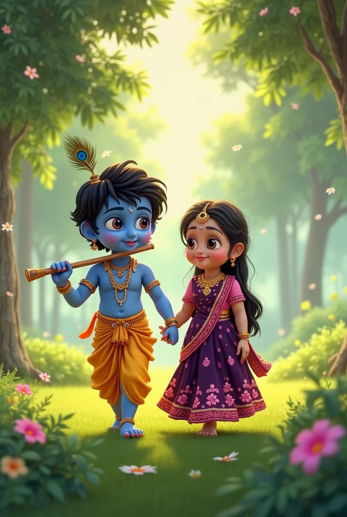 Cute Radha with lord Krishna cute child form, professional dress, standing with arrow and cows beside and showering of flowers
