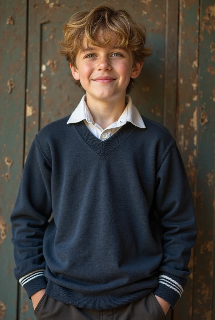 Alafeld boy in sweater vest and tie standing in front of a white fence, wearing a vest and a tie, in school uniform, in school uniform, boy has short black hair, wearing a shirt with a tie, school uniform, Windsor tie, Clear detail, Young boy, mid shot portrait, full protrait, detailed portrait shot, Medium portrait