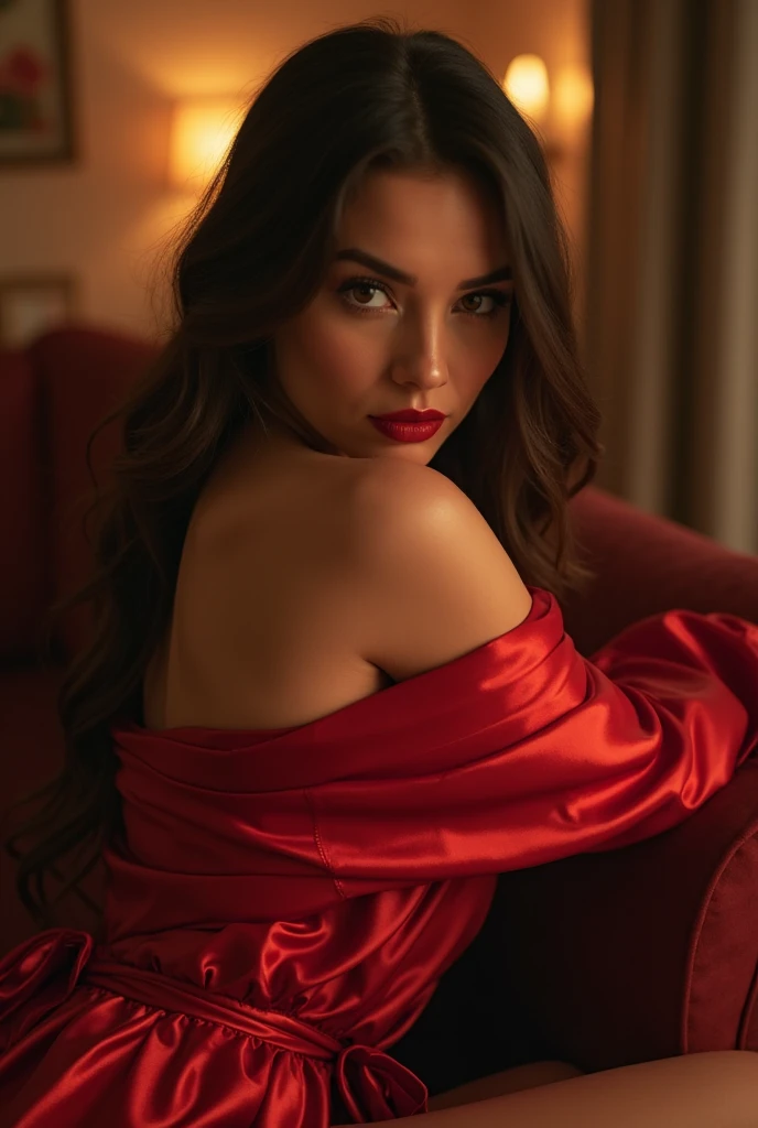 (photorealism:1.2), beautiful woman, sitting on bed,wearing a red georgette saree, red lips, medium length curly hair, nude makeup, dim ligjted room, white bed.