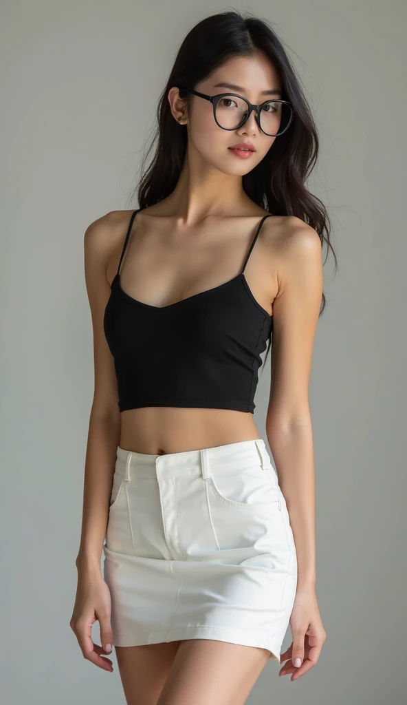 （Highly detailed body，Highly detailed face，Best quality at best：1.2） , very beautiful Korean young girl,20 years old girl, skinny slim body, thin body girl, visible to see her ribs,(slim arms, legs and thighs),A woman who is，（very tight small Black bandeau，outer shirt,JK short skirt）, short hair，（Background room：1.4）, beautiful tight round perfect breast (E cup size breasts1.2), tight round beautiful perfect butt, full body photo 