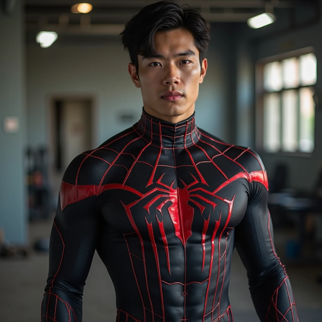 In the alluring picture is a handsome Korean man 3 with his fair and bright skin like a hero, the background is in a warehouse and bold, his charm radiates as he proudly shows off his six-pack abs and muscular arms in a fully standing pose. He is wearing sexy spider-patterned underwear and also uses spider-patterned gloves and socks, which highlight his body shape, He stands in the middle of a giant spider web of his own creation, surrounded by a large spider web behind him, Bathed in the golden light of a beautiful day. With unmatched attention to detail., This photorealistic portrait combines Superhero style., Capture every detail of his textured skin in 8k resolution. Leica digital SLR camera. His features are clearly visible., From his deep-set eagle-like eyes to his sculpted jaw., Make this image a true masterpiece.. Lift. (8K UHD、RAW Photography、Leica Digital SLR Photorealistic Portrait、Realistic image), big bulge