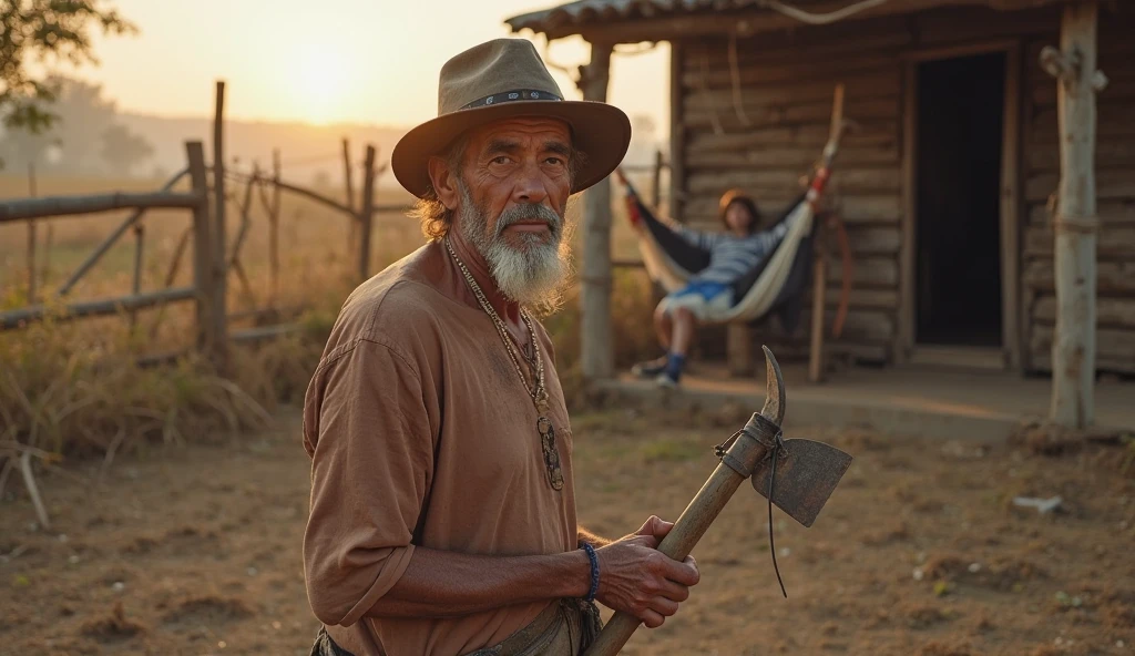 Headshot of a wise old man sat under a shady tree, observing the world around him. It was then that he noticed a tiny ant carrying a massive burden on its back, the wise old man smiled, 4k realistic imagery, blue scenery like a movie scene, old american setting, inspired by blade runner movie scene, blue tone,