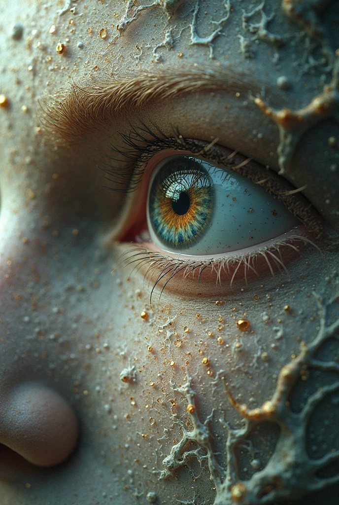 Create an image showing severe trypophobia, as a disease on a close up of human cheeks. Ultra HD, ultra realistic style, 8k 3D render. Make the holes vary in sizes randomly. Image should be extremely disturbing and sickening. Make gross liquid ooze out the holes and make eyeballs with trypophobia pop out of the holes.
