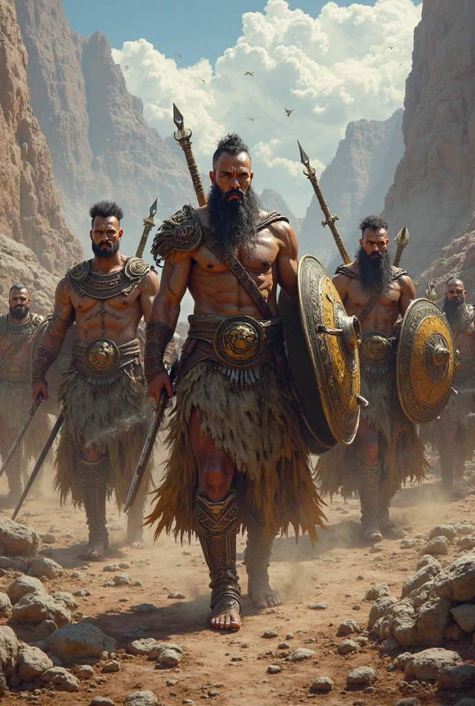 Create image of Philistine giants, Warriors, with swords, spears and shields, that the physical appearance is human Always keep this image and add the title "THE BROTHERS OF GOLIATH" al estilo de la letra debe ser de la pelicula gladiadores
Agregarle el titulo a la imagen THE BROTHERS OF GOLIATH el estilo de la letra debe ser de la pelicula gladiadores
