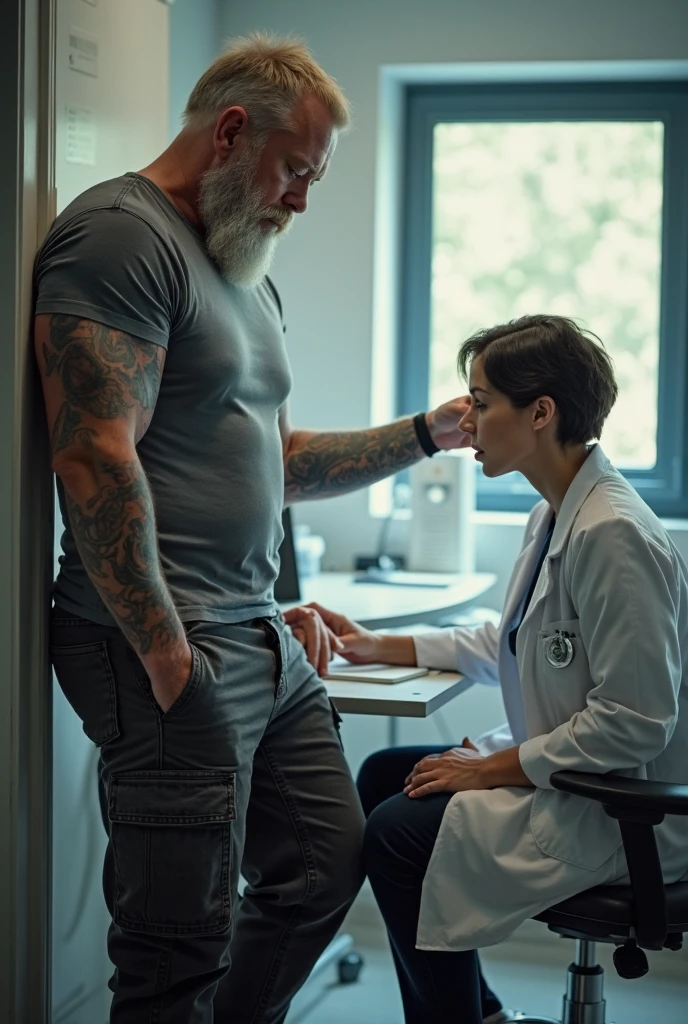Strong, hairy, bearded mixed-race young man in camouflage underwear, taking off his underwear in front of a female doctor, with a pistol at his waist.