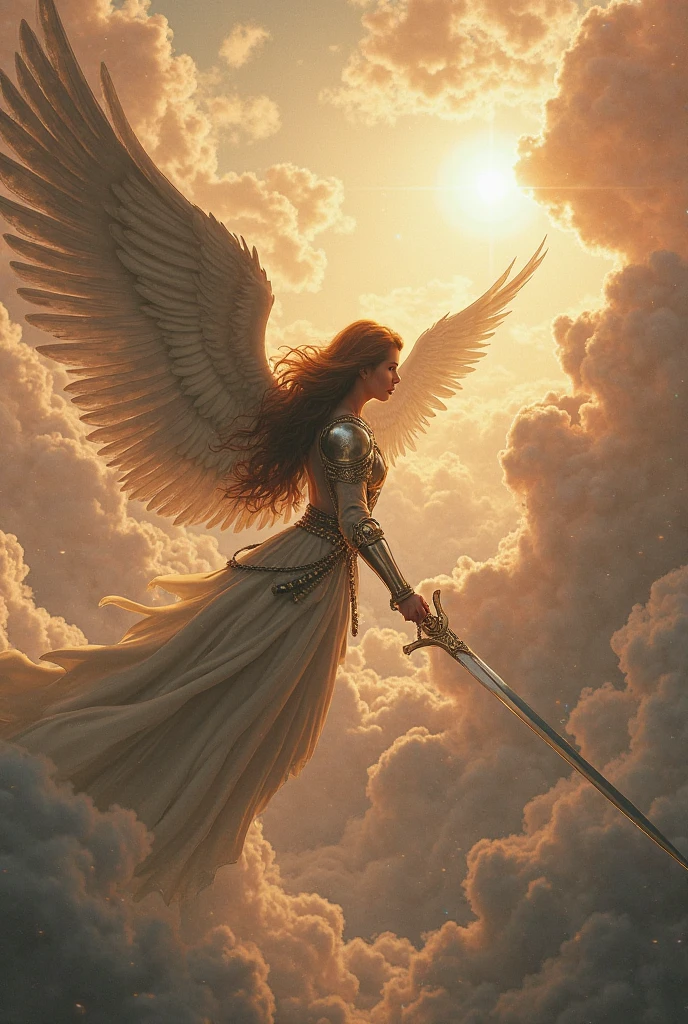 pintura profesional ultra detallada de pintura renacentista al oil de un ángel femenino con las alas abiertas flotando de perfil sobre un cielo azul y nubes blancas, with a sword in his hands, multiple colors and textures, ultra realistic, with a beautiful angelic face, smoking a cigar, with a fine black leather collar fitted around his neckvibrant colors of 256k, blessed winged angel, cosmic, queen, Full body image, with Nike sneakers, radiates light, with soft flashes of light on her sexy body, covered with wavy silk of multiple vibrant colors, Renaissance work, Archangel dress details, celestial, cristiano, Byzantine, until, oil, da vinci style medieval fashion, medieval style clothing, DIFFERENT MATERIALS, warrior costume, that falls and floats gently, magnificent, beautiful, heavenly face, Golden hair, White skin, stunning beauty, unmatched, Shocking, ultra medieval, warrior archangel, Classical Renaissance style by Caravaggio, rayban sunglasses, Princess, rock makeup, Large ultra detailed wings with white feathersA guardian angel with majestic wings, lovingly wrapping someone in his heavenly robe,
