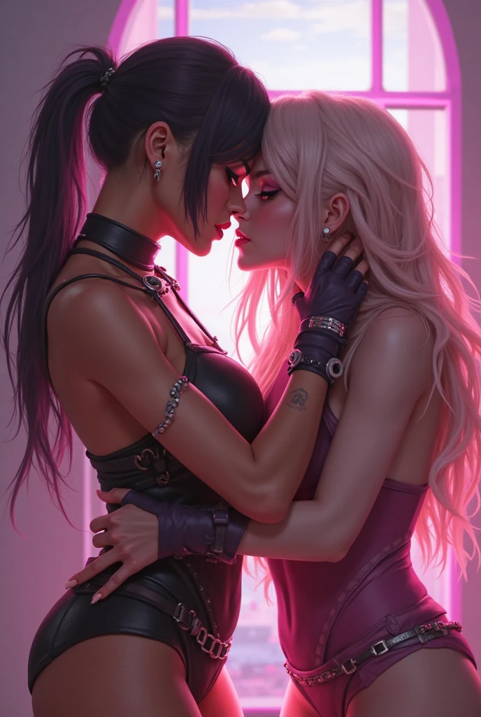 two vampires ( ebony, dark wet skin, perfect body, kissing, extremally straddle, extremally sweating, blonde hair), ( background: darkes dungeon, roses, 1 candle )strong sense of three-dimensional, perspective, realistic fantasy by Alexandros Pyromallis