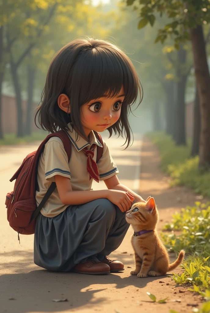 the small girl sin school uniform going to school with ginger cat