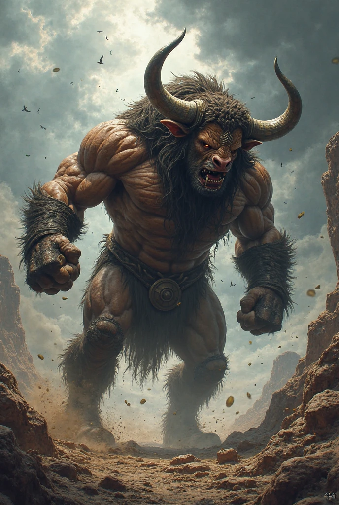 Semi-Realistic Illustration of a mighty minotaur in a fierce battle stance, its powerful muscles and imposing physique showcased with meticulous attention to detail. Amidst the chaos of combat, the minotaur radiates raw strength and determination, capturing the essence of the character in a dynamic, semi-realistic style with bold textures and vibrant colors. --s 1000,  <lora:DigiArt:0.8> <lora:JuggerCineXL2:0.8> Movie Still, Film Still, Cinematic, Cinematic Shot, Cinematic Lighting