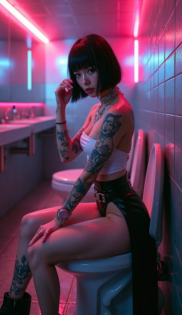 Asían girl with tattoos, white hair and BLACK eyes, sitting on a chair in a cyberpunk room in a very sexy futuristic outfit with her legs crossed