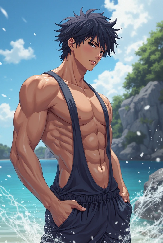 high quality, detailed, (16 years old japanese idol boy), (detailed black eyes), (black short hair), (abs:1.5), (shiny skin), (bulge:1.2),(detailed nipples), yard, Morning glory,