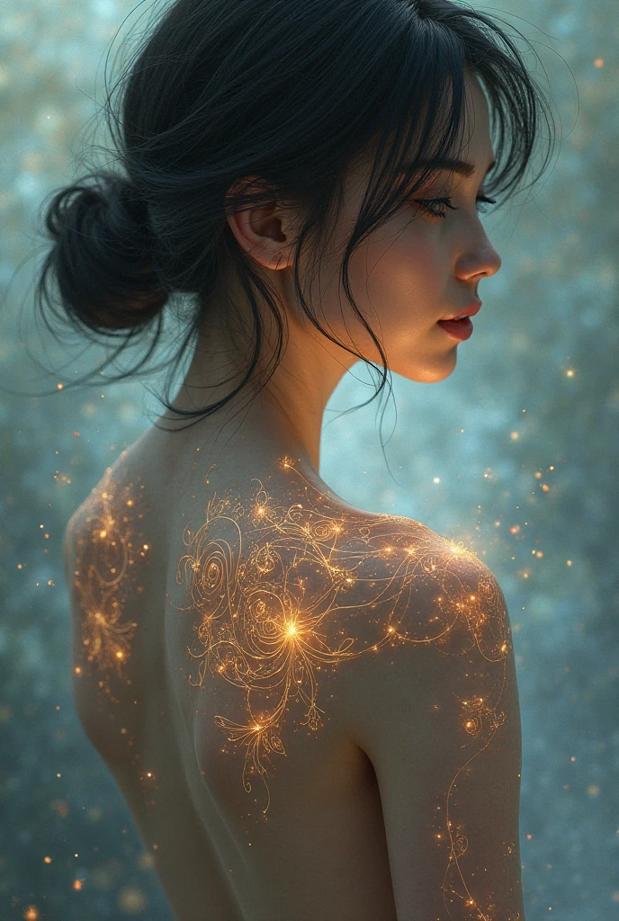 letitflrsh, (let it flourish), backside of a person leaning foreword wearing pants with a single flower inside bum crack, radiating light, illumination, atmospheric, scale, order, healing, light, hope, soothing, calm , 