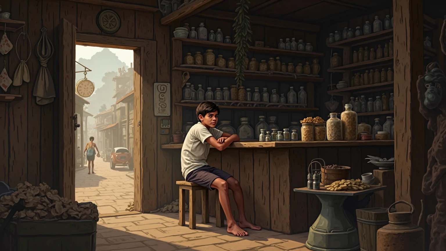 A boy 17 year old is setting in his shop on chair in a village store and the shop name is najib general store 