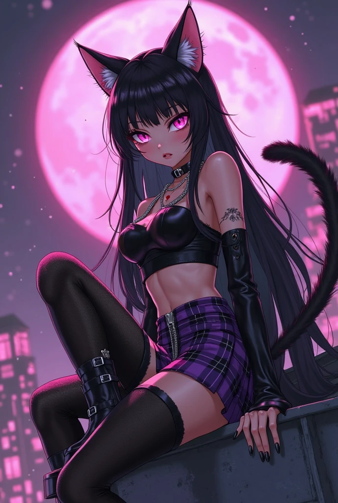 1 girl, solo, red eyes, cat ears, brunette, wavy hairstyle, wearing bottom lip pierce, wearing earrings, wearing a black velvet choker, wearing a black velvet lingerie, sitting on couch, long eyelashes, wearing soft makeup