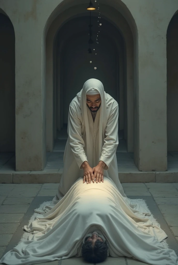A male ghost in a sheet crawling on all fours and licking milk from the floor. High-resolution photo. Like something from a horror movie.