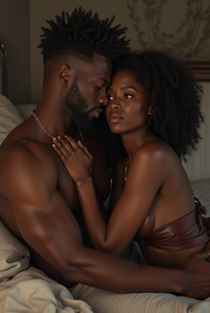 A beautiful black woman in a tight bikini with a collar around her neck with chains attached to the neck of a handsome black man in a muscular swimsuit while they both lie in bed