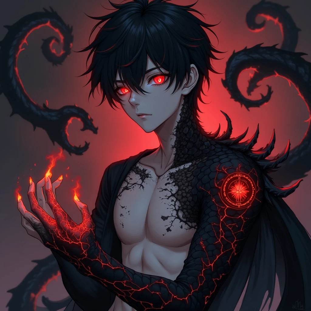 woman, red eyes, black hair, crow, glowing eyes, parted bangs, peaceful face, bathing, 