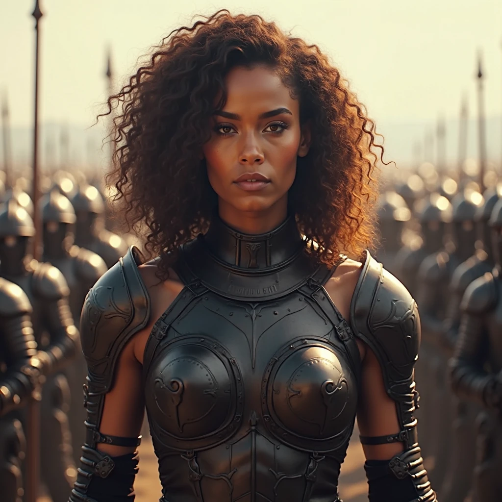 Photo, Raw, [bokeh], shallow DOF, sharp eyes focus , redhead, thicc body, full body shot, alone, ((30 year old black woman )), (((ultra realistic detailed eyes))), intricate eye details, cute smile, sweaty, wearing medieval copper plate armor , model shoot pose, ultra skin texture, ((ultra skin details)), skin imperfections, intricate details, ( sitting in dark sand dunes  ), long messy hair, fog, volumetric lighting, ((streaking light across face)), hair light, bloom, golden hour, dark shadows, visually interesting , low key, ultra realism