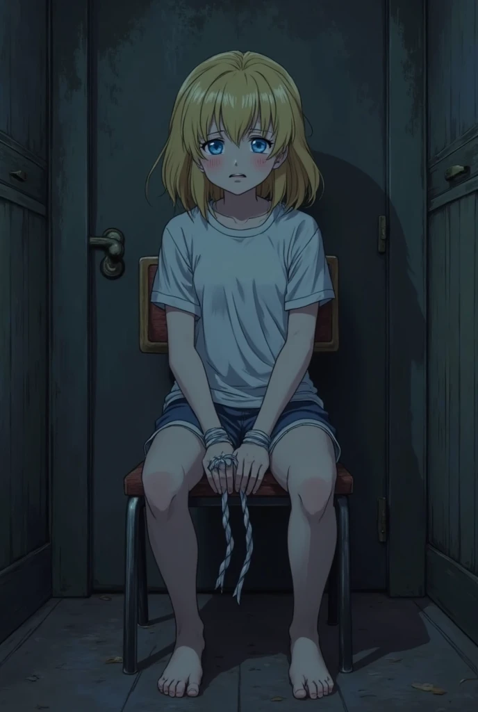 Solo character, full body version, baby ??? girl, blonde hair, short haircut, one eye covered by hair, green eyes, cute face, bra clothing, torn shorts, poor girl, without shock, without shoes, her neck has iron handcuffs, her hands have iron handcuffs, sad, sad eyes, smile mouth, indoor room Prison, detailed shadow, sit down gesture, blood in Character, injuries, injuries blood in face, detailed background, detailed clothing, detailed hair, detailed face