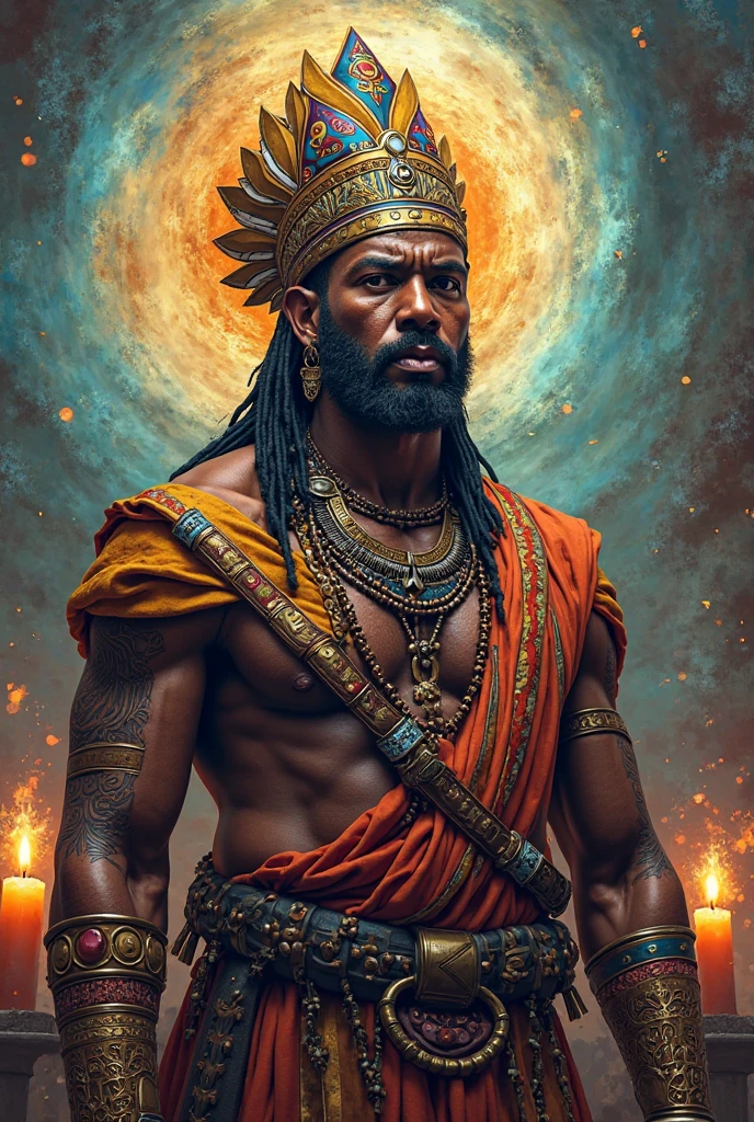 Shango, Yoruba deity, black man, king, god of thunder, manly, strong, typical Yoruba clothing, earrings and necklaces, double ax
