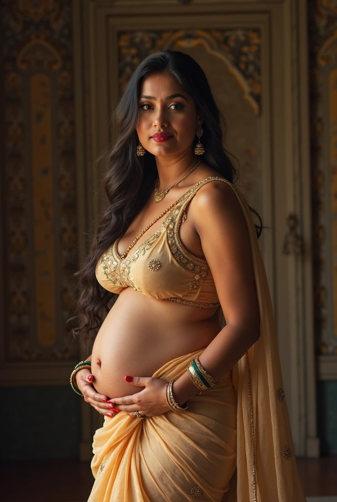 (Photorealistic), masterpiece, best quality, photorealistic, 8k raw photo, a A  high res render of a desi pregnant woman of 30s sexy, busty, perfect hip sexy busty thighs , covering breasts with hands, looking at the viewer , side profile, sexy and  highly detailed, 8k render, high res, ultra quality, realistic, round face, short straight hair, lusty smile, glowing eyes, happy face [:(detailed face:1.2):0.2], absurdres iris textures, facing viewer, cowboy shot, (photorealistic:1.5), perfect body, 
a beautiful girl pureerosface_v1, smiling, ankle high heels, wearing transparent black off_shoulder_bandage_dress with gold ornaments and crown, necklace, armband, navel ring, transparent heavy lace cloak made of swan feathers, big boobs, green eyes, long legs, long green hair, rim lighting, lying on bed inside a silky luxurious tent, treasure chests, hills, rainforest, blue sky, clouds,, DarkFantasy