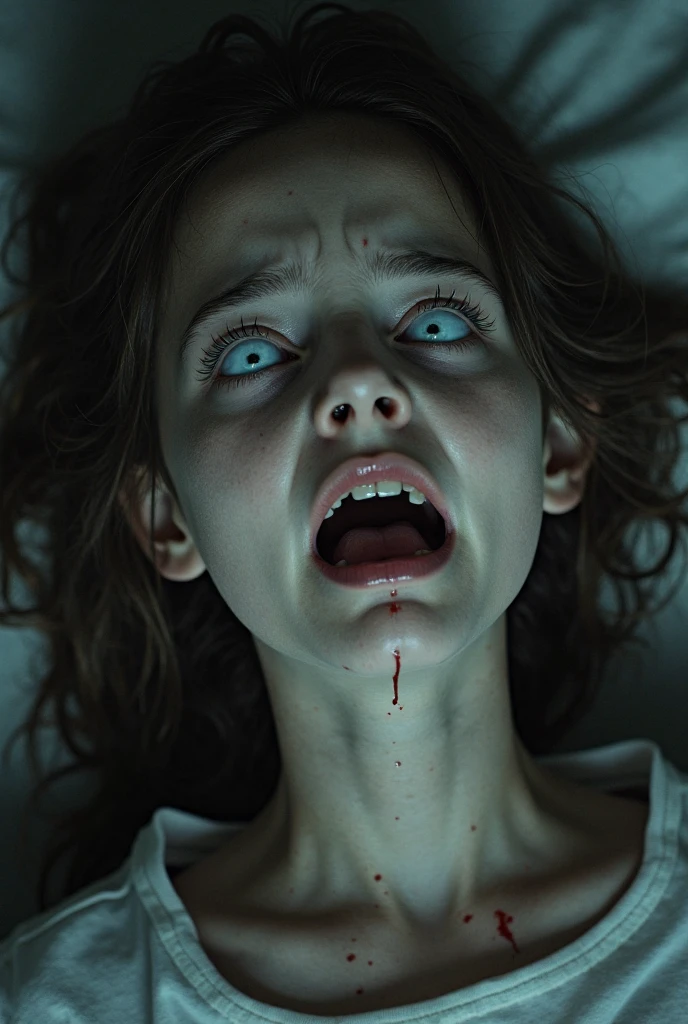 horror picture about the girl scare, blood up to hand and her eye is white
