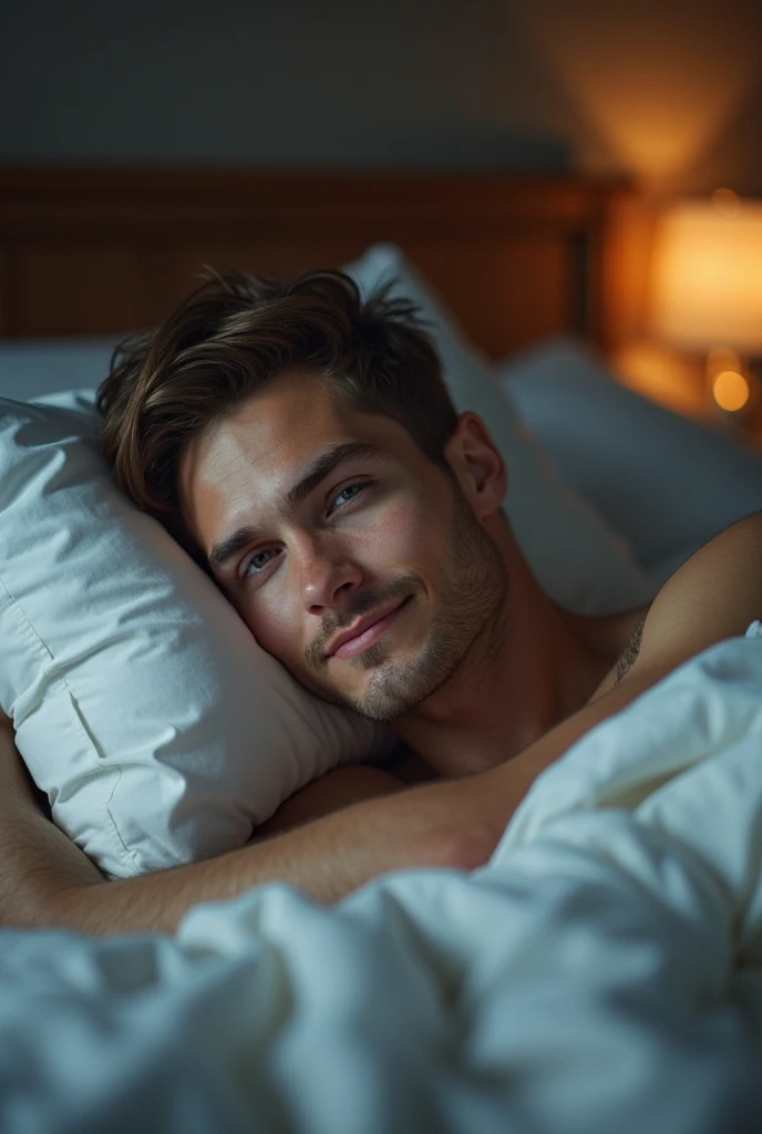 Photorealistic image of a moderately muscular man with hairy chest and arms, captured in an intimate room under candlelight. The shirtless man, showing a trim but not overly muscular build with broad shoulders and a pronounced rib cage, has his fingers in his mouth. His nose is straight and well-proportioned, and his full lips are curved in a relaxed, satisfied smile as he licks his fingers slowly and purposefully. His skin has a warm, slightly tanned hue that glows softly in the warm, flickering light of the many candles scattered around the room. The man's face is roughly handsome, with a square jaw line, pronounced cheekbones, and light stubble that gives him a masculine charm. His deep, captivating eyes reflect the warm candlelight, lending intimacy to his expression. His short, lightly combed hair emphasizes his casual yet confident appearance. The setting is cozy and inviting - the room is softly lit by countless candles, creating a warm and intimate atmosphere. The man reclined on the soft bed, surrounded by soft pillows and luxurious bedding. The golden candlelight casts soft shadows on his body, emphasizing his facial features and the contours of his muscular figure. In the background, the soft glow of the candles, the rich texture of the bedding and the subtle details of the room's décor create an overall atmosphere of warmth and comfort. The camera captures the scene with a shallow depth of field, focusing on the man and slightly blurring the background, emphasizing the cozy and intimate setting. The style is very realistic, all details are carefully worked out - the delicate shine of skin, the flickering of candles, the softness of bed linen. The composition radiates a sense of relaxed pleasure, capturing the private moment when a man licks his fingers in a warm, candlelit room.
